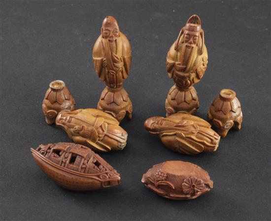 Six Chinese peach stone carvings, first half 20th century, 3.4 - 6cm